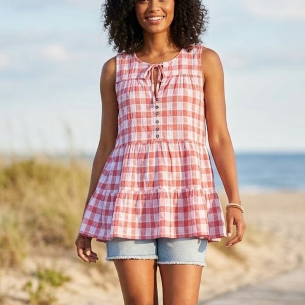 Anthropologie Pilcro Neve Gingham Tiered Gauze Babydoll Top Red Blue Tie Neck-XL
